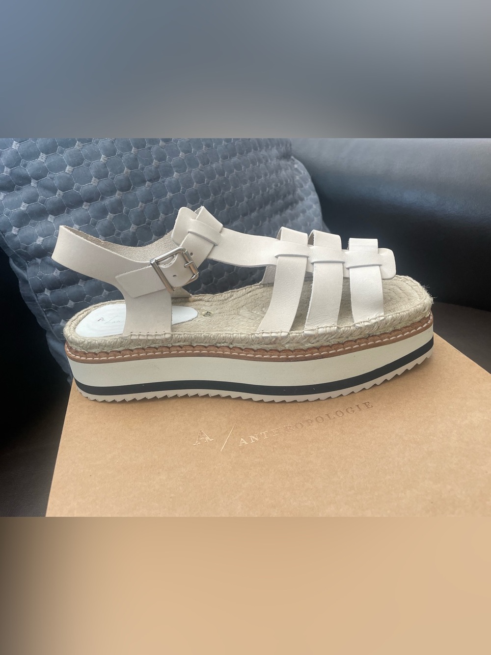 Anthropologie Cream Leather Espadrille Platform Sandals